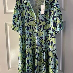 NWT Lilly Pulitzer Bingley Dress. Blue and Green Leaf Print.